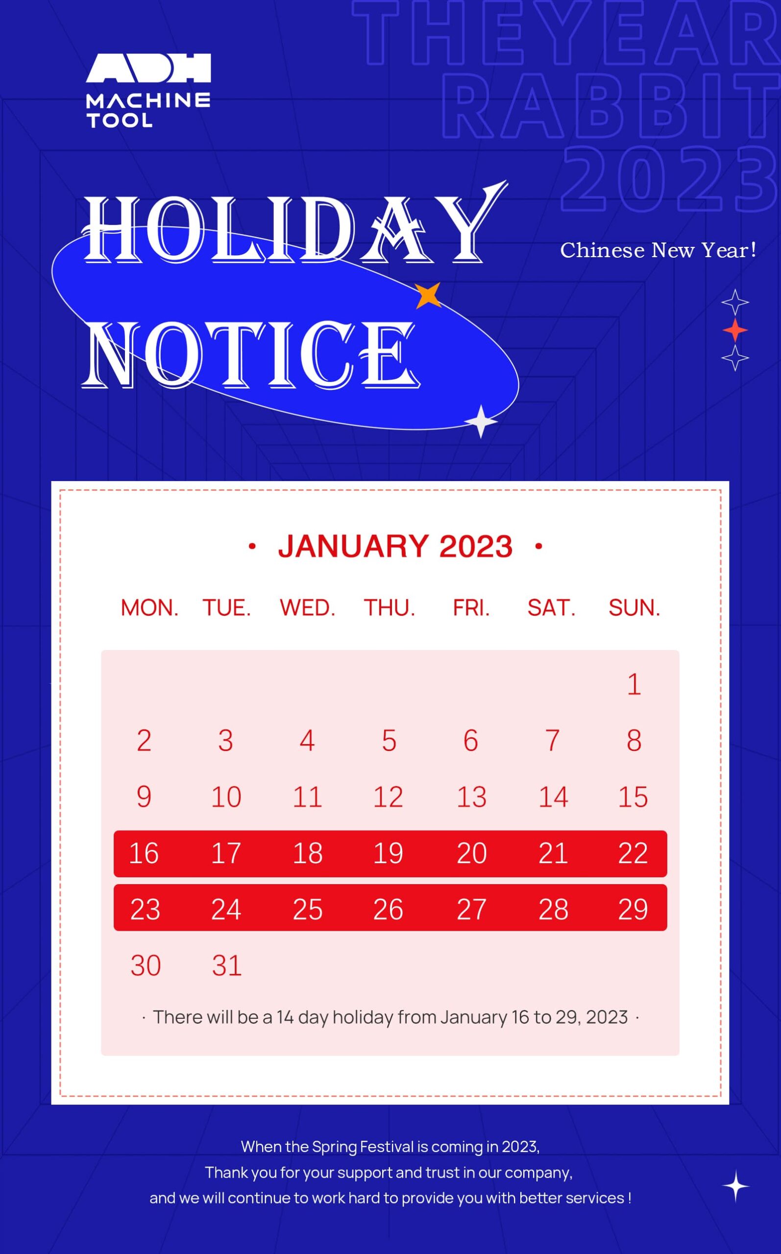 Chinese New Year: Our Company to Close for 14 Days - Resume Work Jan. 30!