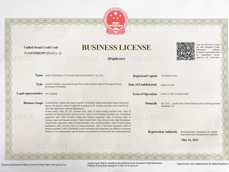 CAŁKOWICIE WŁASNOŚCIOWE UTWORZENIE DONGHAI YUXIANG IMPORT AND EXPORT TRADING CO., LTD.
