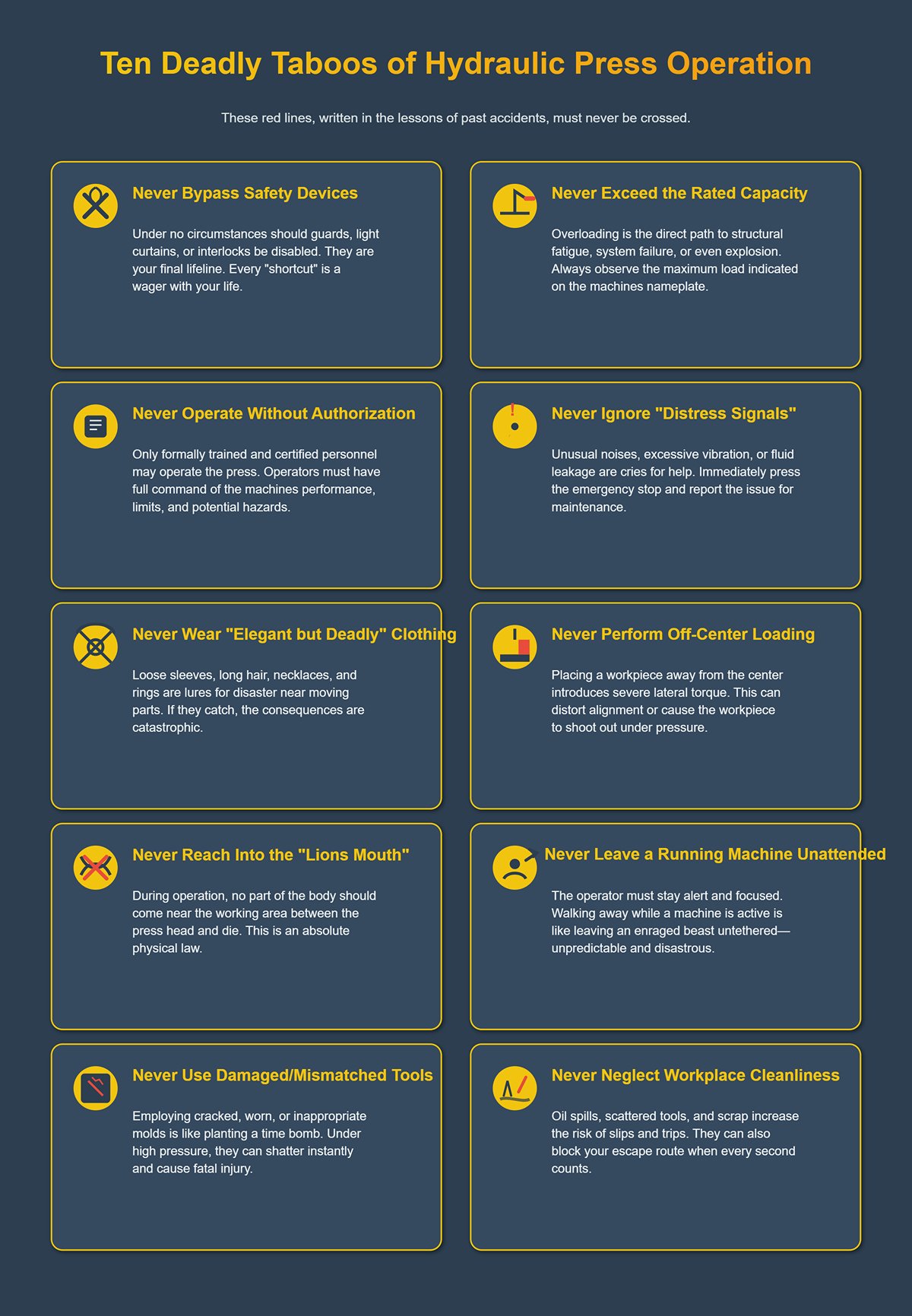 Ten Deadly Taboos of Hydraulic Press Operation