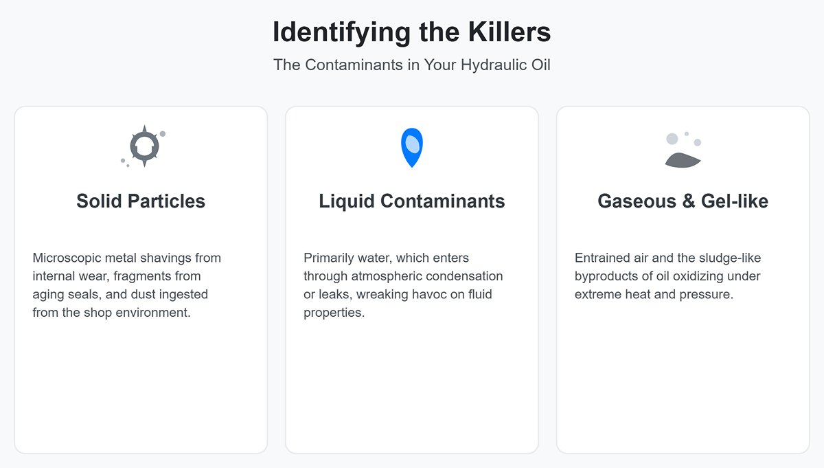 Identifying the Killers: The contaminants in your hydraulic oil are a deadly cocktail: