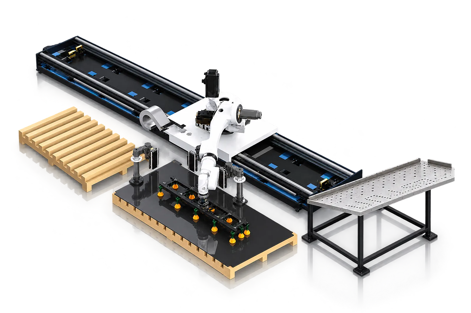 Robot collecting a sheet-metal blank from the loading area
