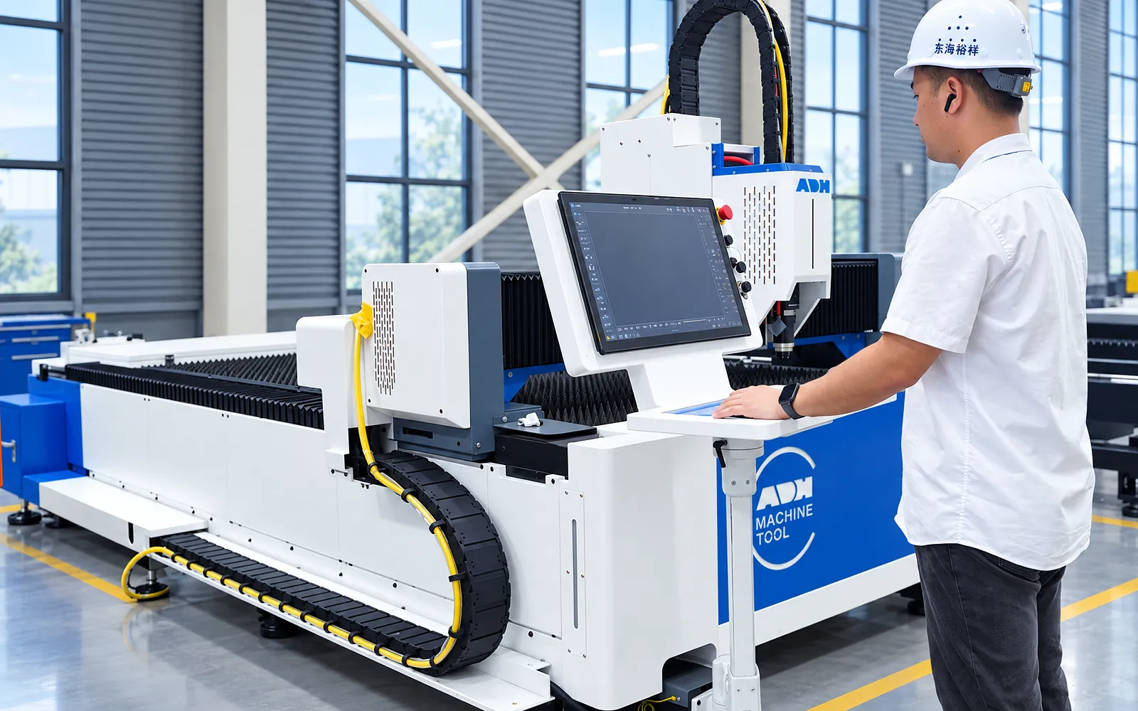 Bediener bei der Überprüfung eines Schneidauftrags an der Steuerstation der Lasermaschine