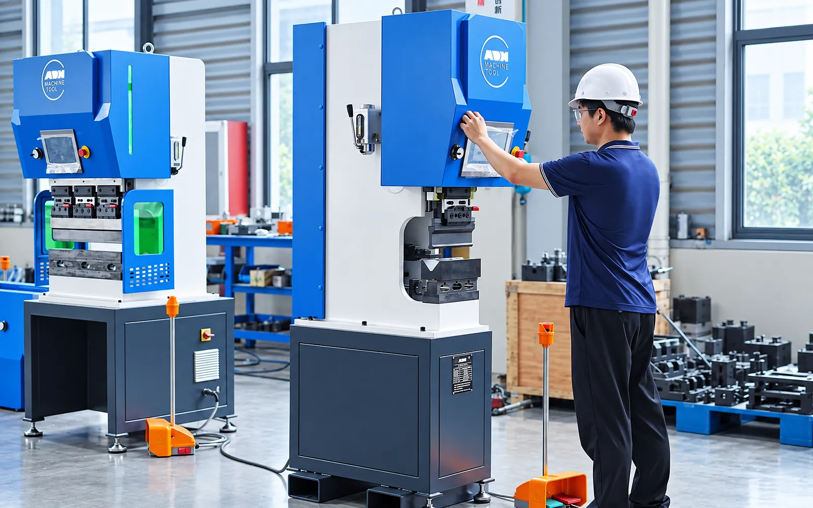 Technician operating a compact electric press brake on the factory floor