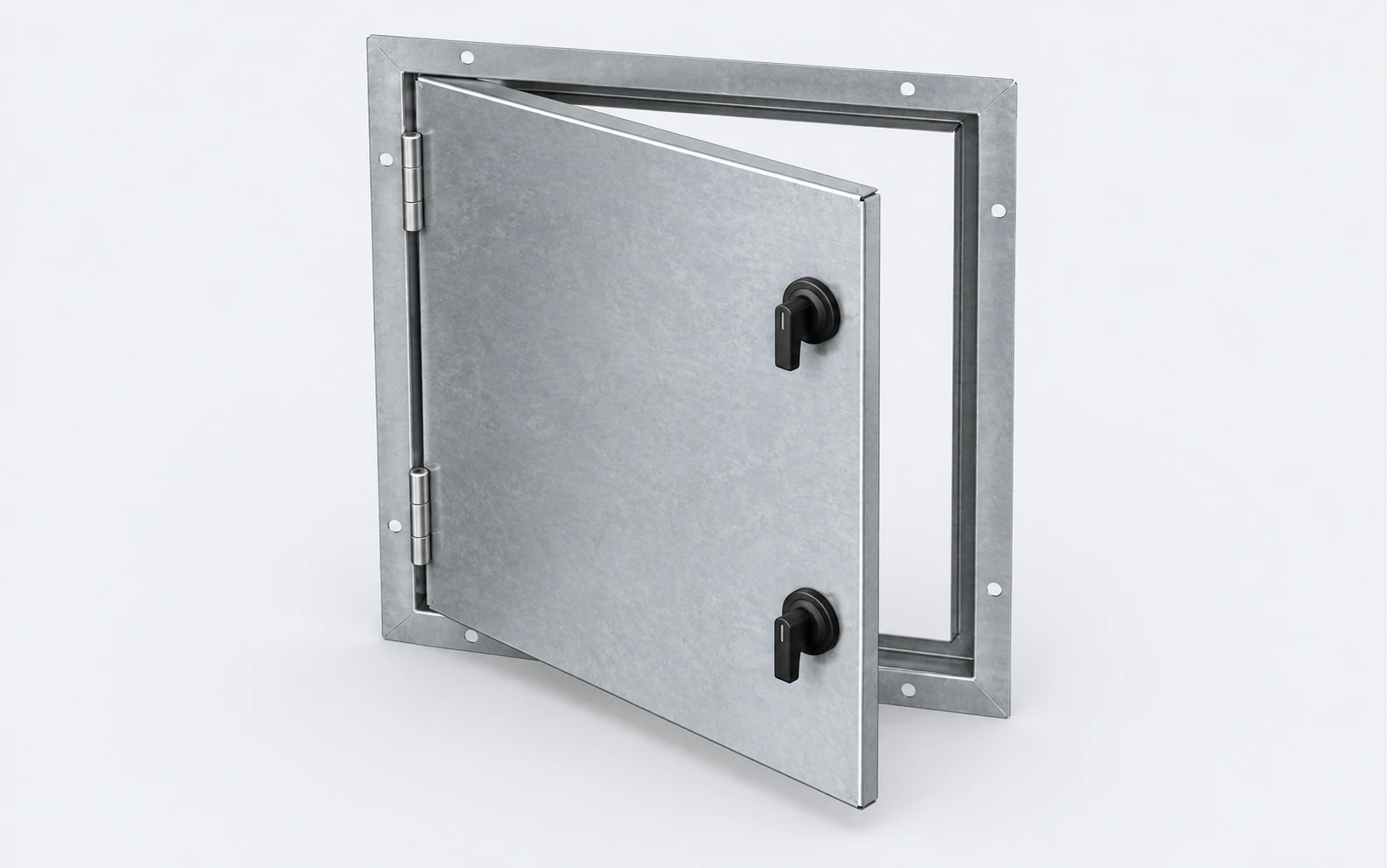 Illustration of a galvanized HVAC access door with a separate frame, aligned hinges and two latches.