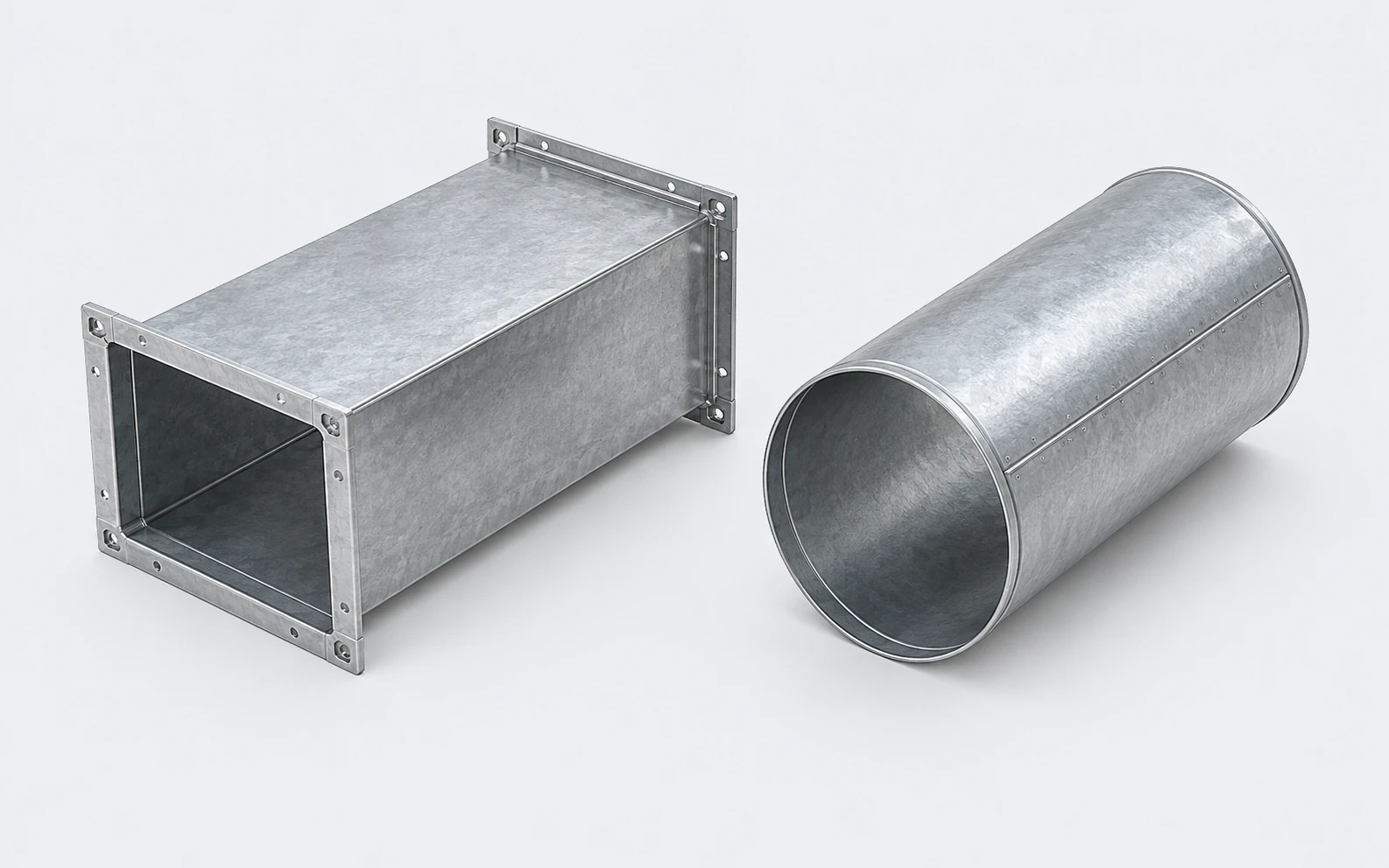 Illustration of separate rectangular and round thin-wall galvanized duct sections with connection edges.