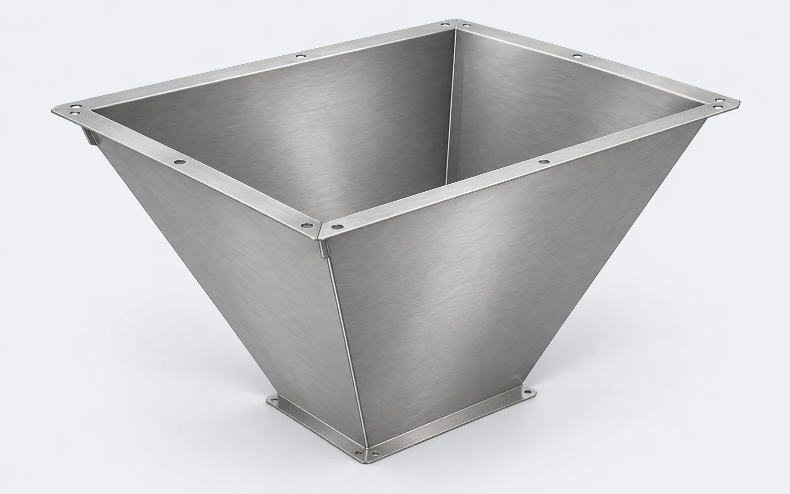 Illustration of tapered steel hopper panels with straight joining seams and mounting flanges.