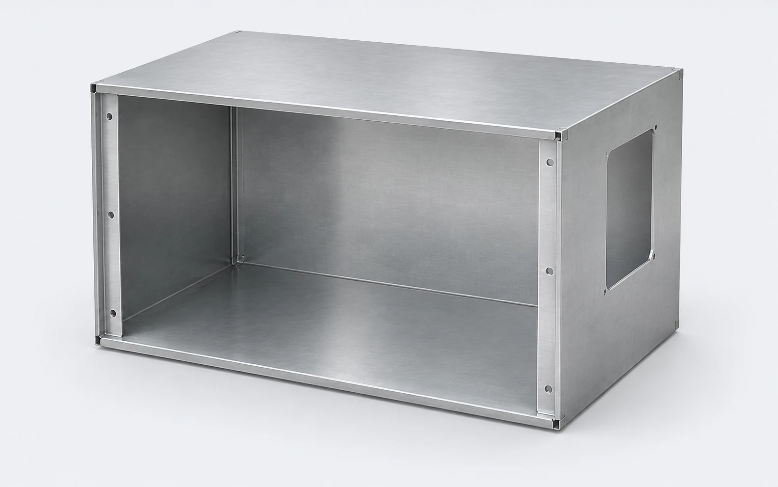 Illustration of an empty sheet-metal equipment housing with front mounting flanges and a side opening.