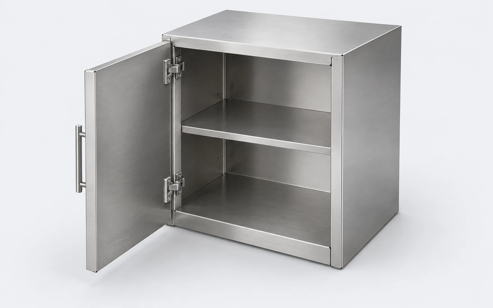 Illustration of a brushed stainless-steel kitchen cabinet body with an open hinged door and shelf.