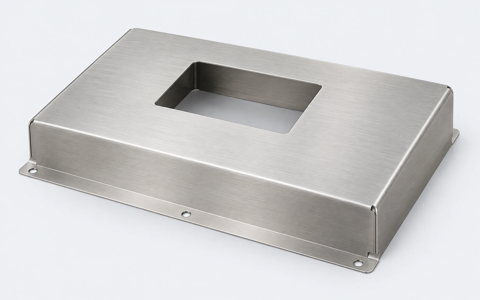 Illustration of a formed stainless-steel equipment cover with a rectangular opening and fixing flange.