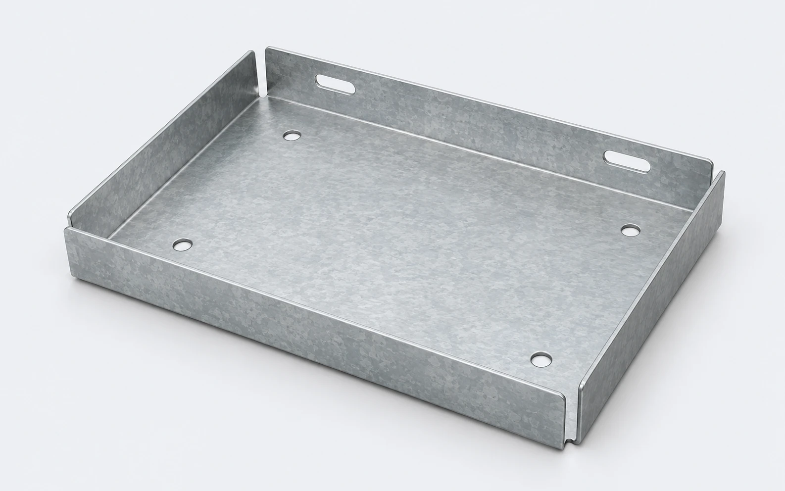 Illustration of a shallow mounting tray with folded walls and corner reliefs.