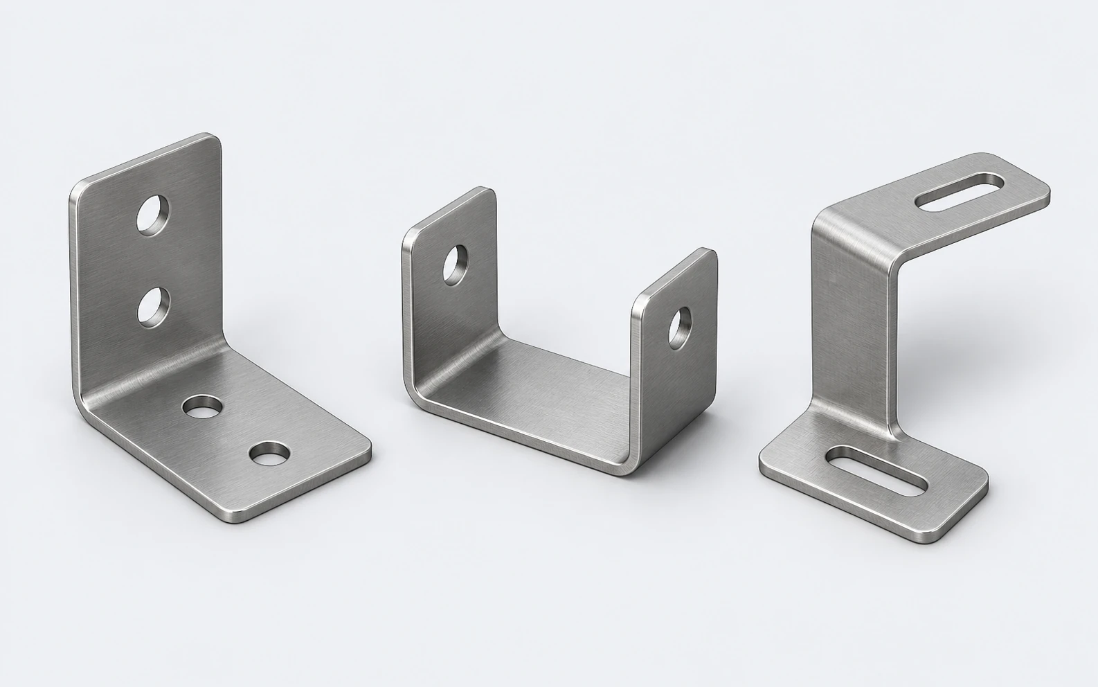 Illustration of L, U and Z mounting brackets with round holes and slots.
