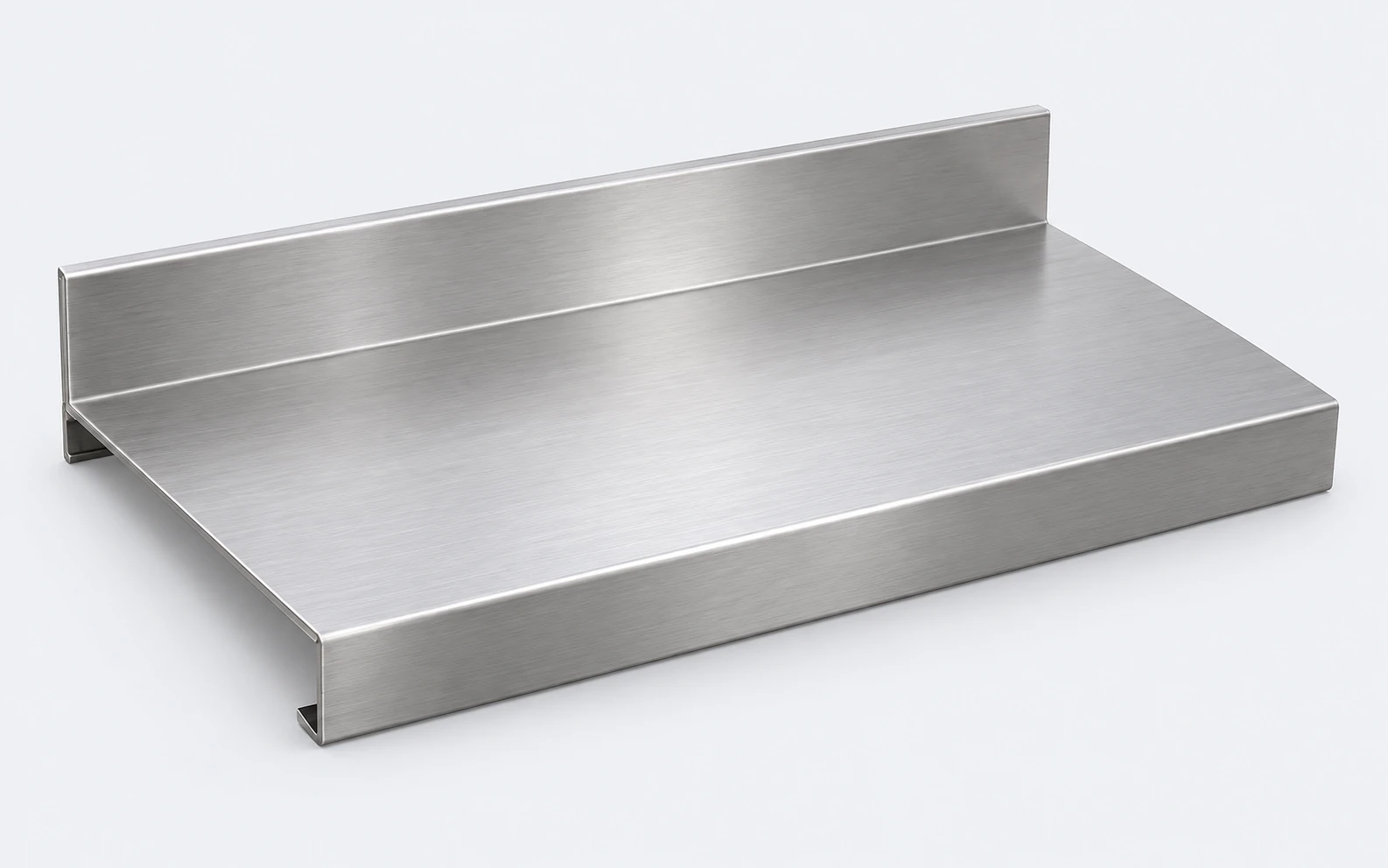 Illustration of a stainless-steel worktop with an upturned rear edge and a folded front apron.