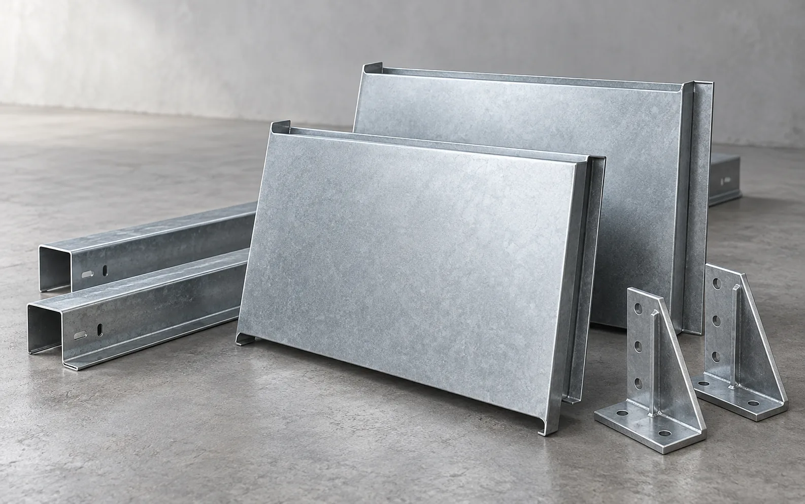 Illustration of folded architectural panels, steel channels and construction brackets