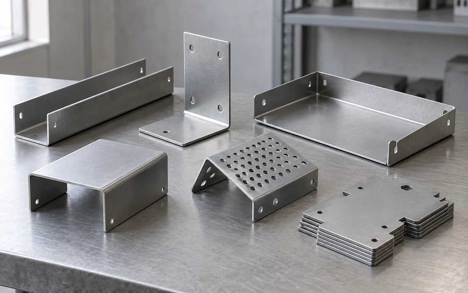 Illustration of varied laser-cut and bent sheet-metal components on a fabrication bench