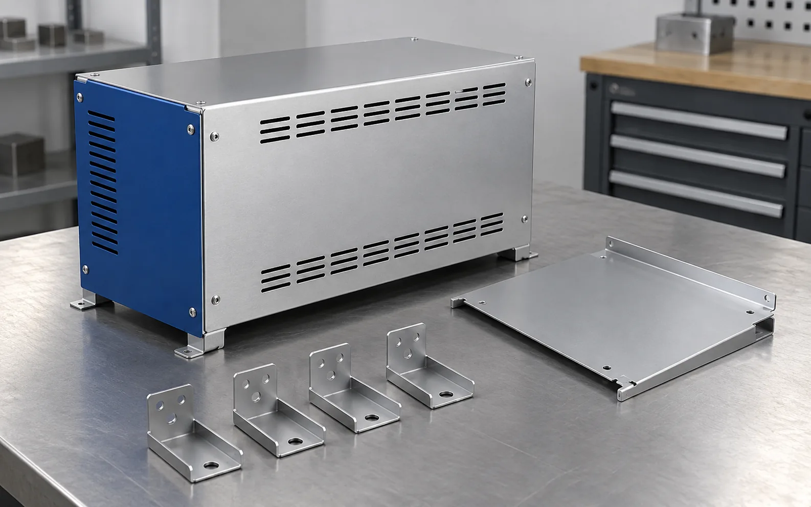 Illustration of a ventilated equipment housing, access panel and matching brackets