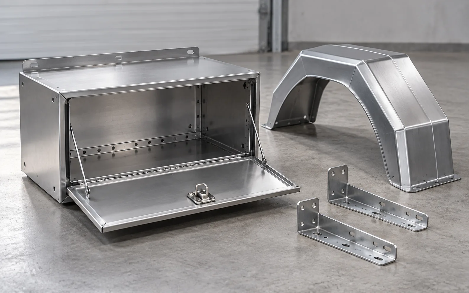Illustration of a vehicle storage toolbox, metal fender and mounting brackets