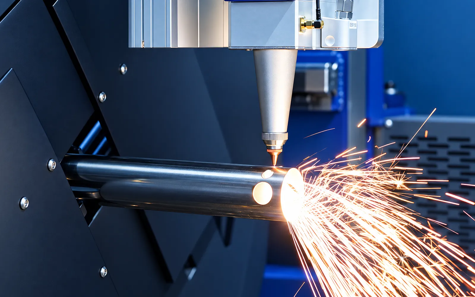 Pemotongan laser tabung logam bulat yang ditahan di chuck