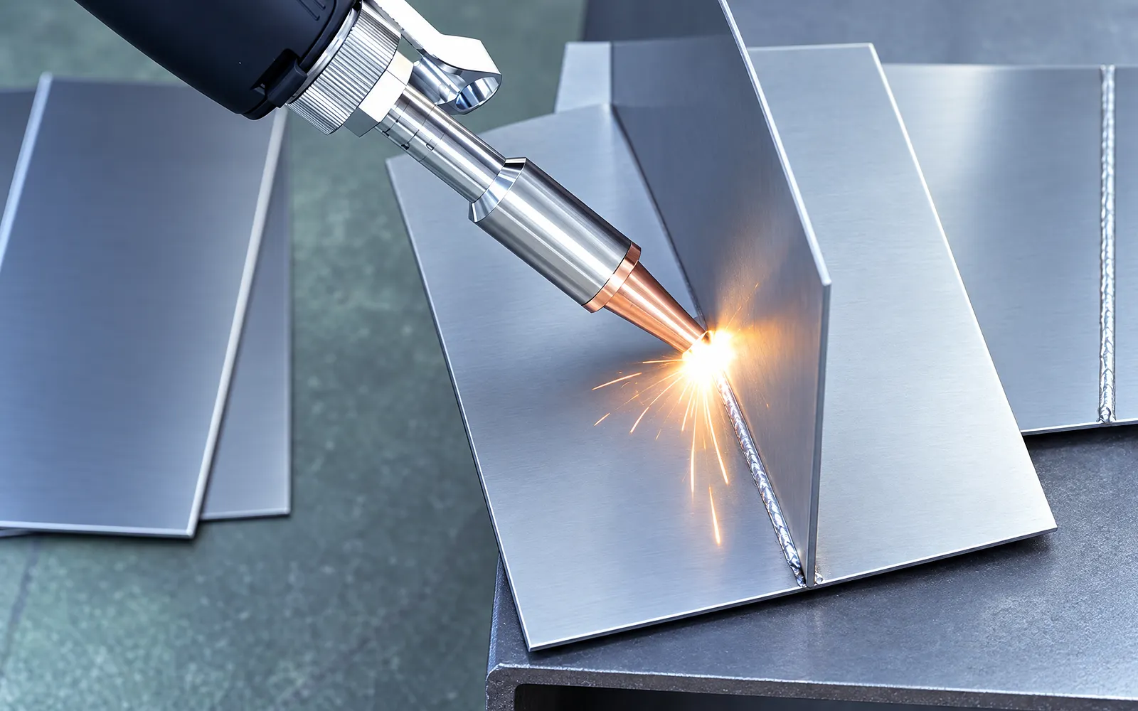 Cabeça de soldadura laser manual a unir um canto de chapa metálica
